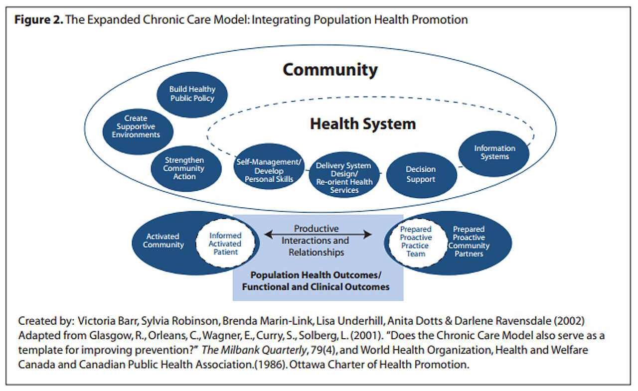 Abb. 1: Erweitertes Integrated Chronic Care Model (Quelle: Goodwin & Hildebrandt [IFIC] 2014).