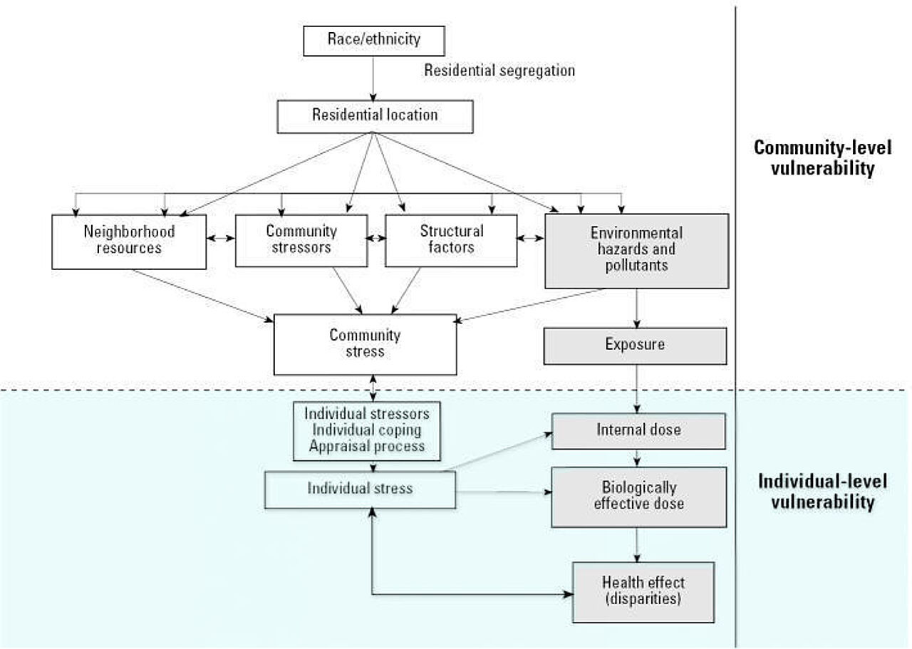 Abb. 2: Exposure-disease-stress-model for environmental health disparities (Gee & Payne-Sturges 2004)