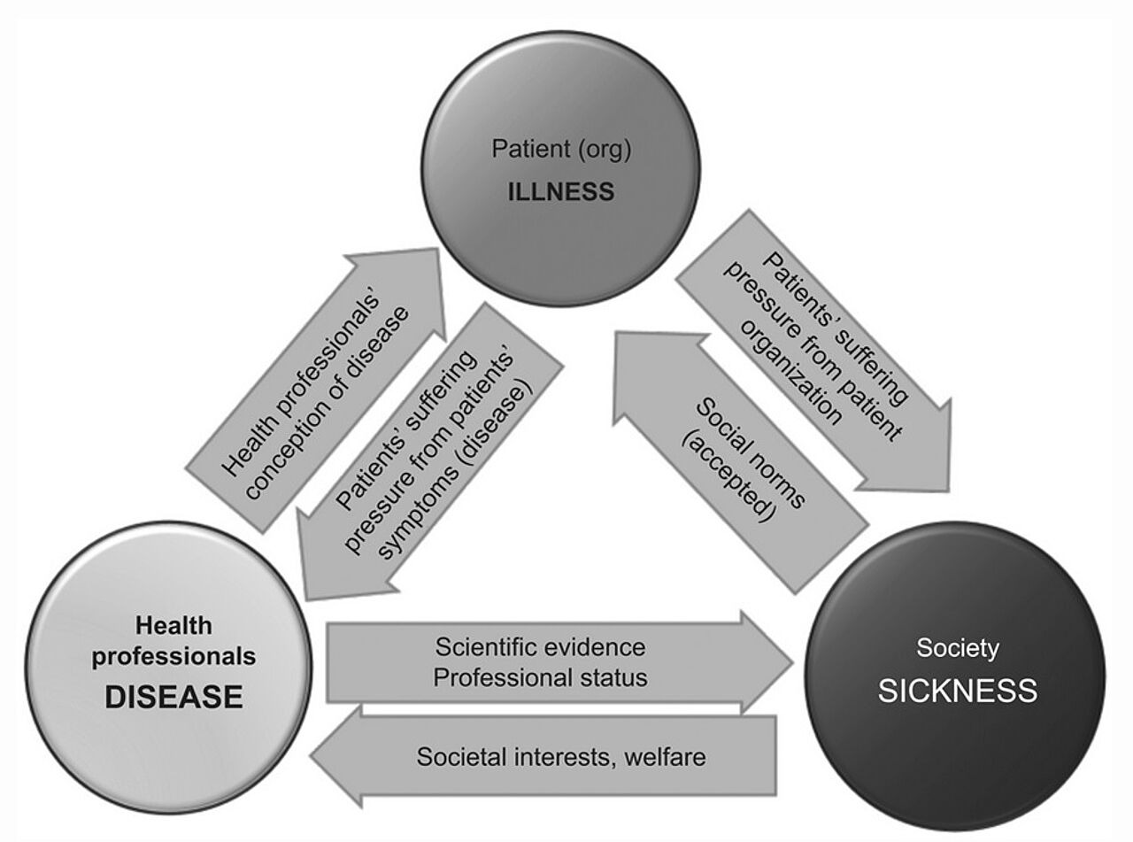 Abb. 1: Skizze der dynamischen Wechselwirkungen zwischen disease, illness und sickness (Quelle: Hofmann 2016, S. 23)